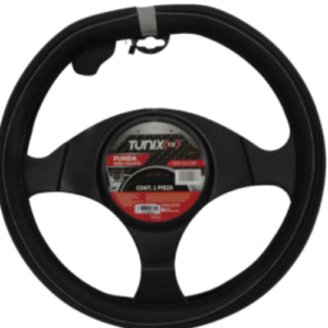 FUNDA PARA VOLANTE DE PIEL MEDIANA DE 38 CM NEGRA CON PUNTOS, CENTRO TIPO FIBRA DE CARBON Y LINEA DE COLOR GRIS