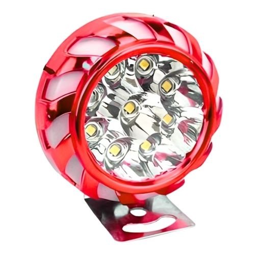 FARO PARA MOTOCICLETA CON 9 LED, RGB FUNCIÓN ALTA BAJA Y ESTROBO, LUZ BLANCA, CARCASA ROJA (PIEZA)