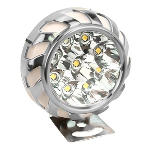 FARO PARA MOTOCICLETA CON 9 LED, RGB FUNCIÓN ALTA BAJA Y ESTROBO, LUZ BLANCA, CARCASA PLATA (PIEZA)