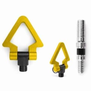 GANCHO DE ARRASTRE TRIANGULAR ALUMIIO TIPO FIBRA CARBON CON TORNILLO COCHE EUROPEO(VW) DORADO (PZA)