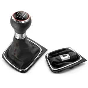 PERILLA DE PIEL - VW GOLF VI MK5/MK6 (2005-2014) 5/6 VELOCIDADES BASE CROMADA FILO ROJO (PZA)