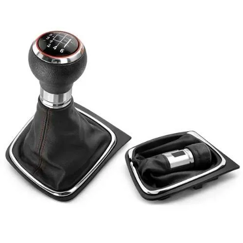 PERILLA DE PIEL - VW GOLF VI MK5/MK6 (2005-2014) 5/6 VELOCIDADES BASE CROMADA FILO ROJO (PIEZA)