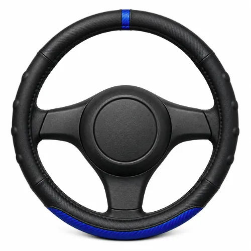 FUNDA PARA VOLANTE  MEDIANA DE 38 CM NEGRA CON SECCIÓN Y ANILLO TIPO FIBRA DE CARBÓN AZUL