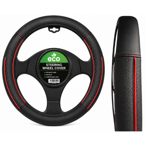 QXZY007_BK_RD FUNDA DE VOLANTE AUTOMOTRIZ 100% PIEL GENUINA NEGRO/ROJO