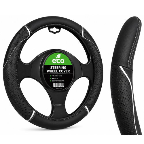 QXZY013_BK_WH FUNDA DE VOLANTE AUTOMOTRIZ 100% PIEL GENUINA NEGRO/BLANCO