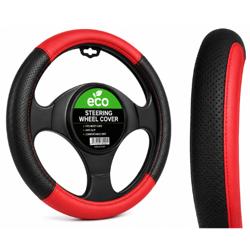 QXZY021_BK_RD FUNDA DE VOLANTE AUTOMOTRIZ 100% PIEL GENUINA NEGRO/ROJO