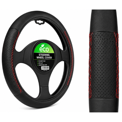 QXZY20_BK_RD FUNDA DE VOLANTE AUTOMOTRIZ 100% PIEL GENUINA NEGRO/ROJO