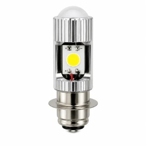FOCO DE LED PARA MOTO CON LUPA BA20 ALTA Y BAJA CON CARCASA DE COLOR PLATA (PIEZA)