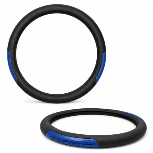 FUNDA PARA VOLANTE MEDIANA CON REFLEJANTE DE 38CM LEYENDA RACING NEGRO CON AZUL (PIEZA)