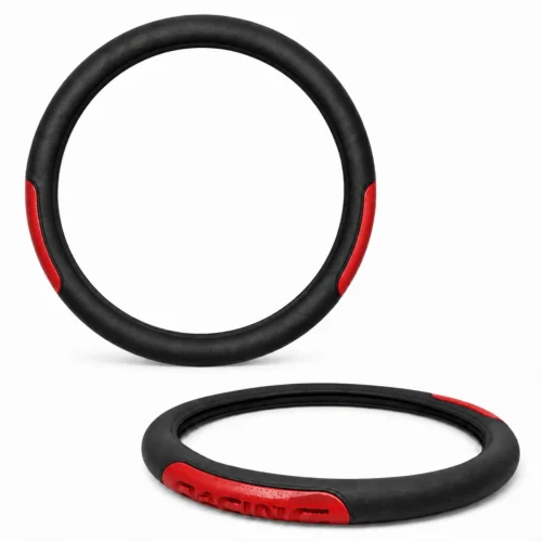 FUNDA PARA VOLANTE MEDIANA CON REFLEJANTE DE 38CM LEYENDA RACING NEGRO CON ROJO (PIEZA)