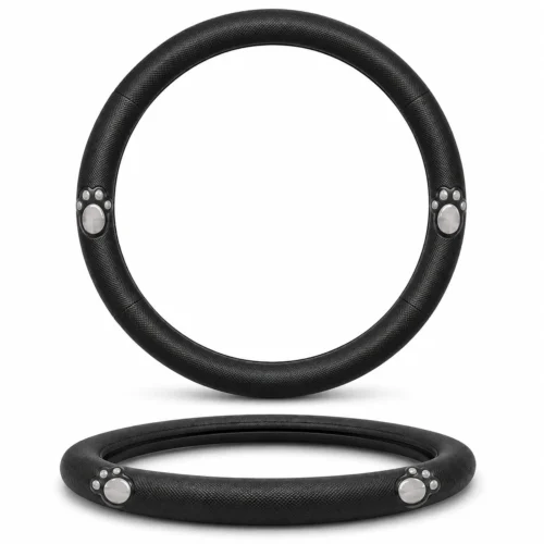 FUNDA PARA VOLANTE MEDIANA CON REFLEJANTE DE 38 CM CON HUELLAS NEGRO CON PLATA. (PIEZA)