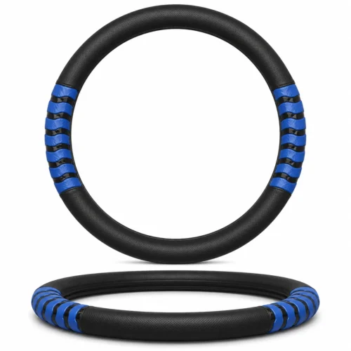 FUNDA PARA VOLANTE MEDIANA CON REFLEJANTE DE 38 CM CON FLECHAS ONDULADAS NEGRO CON AZUL. (PIEZA)