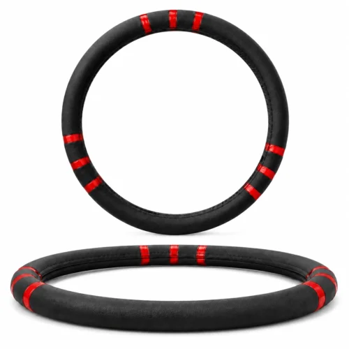 FUNDA PARA VOLANTE MEDIANA CON REFLEJANTE DE 38 CM CON 3 FRANJAS NEGRO CON ROJO. (PIEZA)