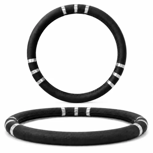 FUNDA PARA VOLANTE MEDIANA CON REFLEJANTE DE 38 CM CON 3 FRANJAS NEGRO CON PLATA. (PIEZA)