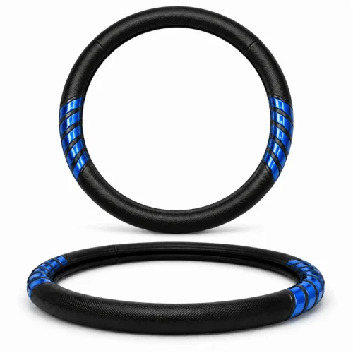 FUNDA PARA VOLANTE MEDIANA CON REFLEJANTE DE 38 CM CON FRANJAS DIAGONALES NEGRO CON AZUL. (PIEZA)