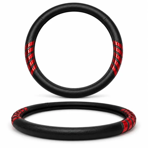 FUNDA PARA VOLANTE MEDIANA CON REFLEJANTE DE 38 CM CON FRANJAS DIAGONALES NEGRO CON ROJO. (PIEZA)
