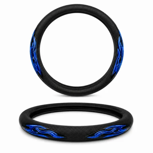 FUNDA PARA VOLANTE MEDIANA CON REFLEJANTE DE 38 CM CON FLAMAS NEGRO CON AZUL. (PIEZA)