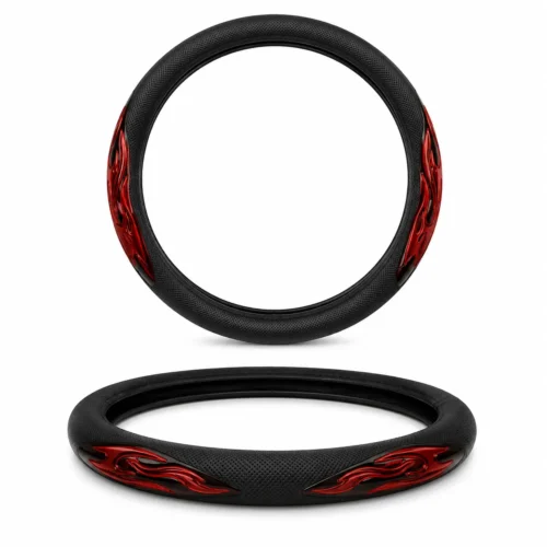 FUNDA PARA VOLANTE MEDIANA CON REFLEJANTE DE 38 CM CON FLAMAS NEGRO CON ROJO. (PIEZA)