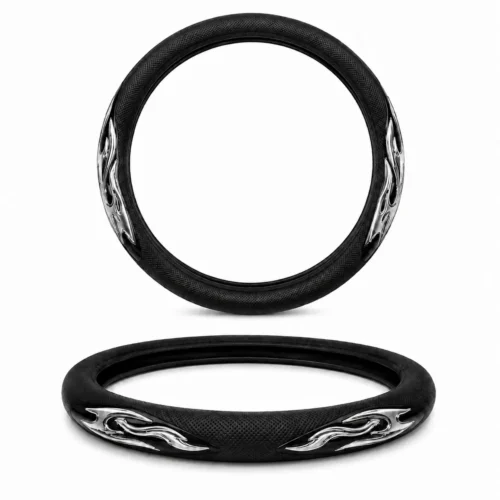 FUNDA PARA VOLANTE MEDIANA CON REFLEJANTE DE 38 CM CON FLAMAS NEGRO CON PLATA. (PIEZA)