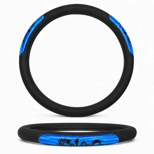 FU-3-1096NB FUNDA PARA VOLANTE MEDIANA CON REFLEJANTE DE 38 CM CON DRAGÓN NEGRO CON AZUL (PIEZA)