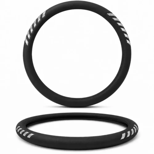FUNDA PARA VOLANTE MEDIANA CON REFLEJANTE DE 38 CM CON PUNTAS DE FLECHA NEGRO CON PLATA. (PIEZA)