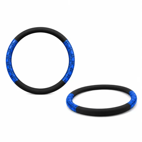 FUNDA PARA VOLANTE MEDIANA CON REFLEJANTE DE 38 CM CON CUADROS ENTRELAZADOS NEGRO CON AZUL. (PIEZA)