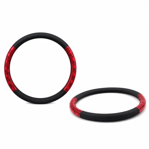 FU-3-1210NR FUNDA PARA VOLANTE MEDIANA CON REFLEJANTE DE 38 CM CON CUADROS ENTRELAZADOS NEGRO CON ROJO. (PIEZA)