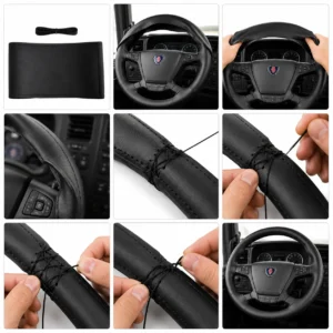 FUNDA DE VOLANTE 100% PIEL PREMIUM ALTACALIDAD PARA CAMIÓN 45CM(18") NEGRO