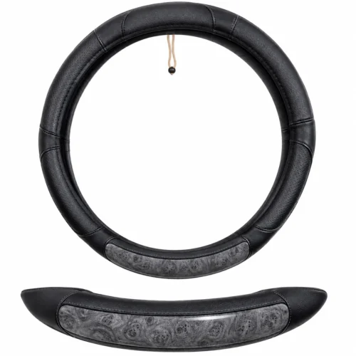 FUNDA PARA VOLANTE DE PIEL CALIDAD AAA MEDIANA DE 38 CM NEGRA CON DETALLES TIPO MADERA GRIS .