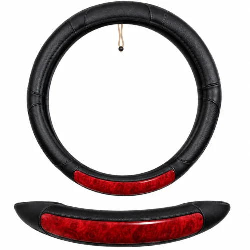 FUNDA PARA VOLANTE DE PIEL CALIDAD AAA MEDIANA DE 38 CM NEGRA CON DETALLES TIPO MADERA ROJO .