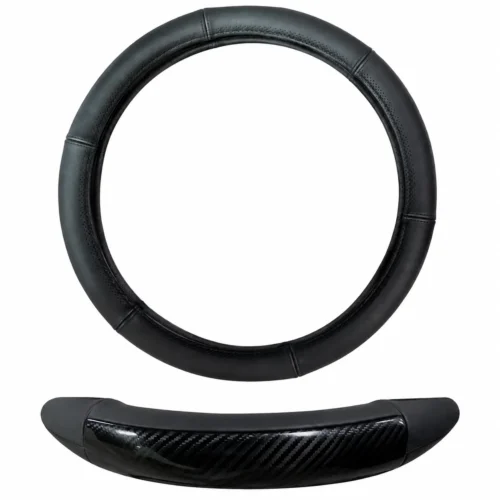 FUNDA PARA VOLANTE DE PIEL CALIDAD AAA MEDIANA DE 38 CM NEGRA CON DETALLES TIPO FIBRA DE C .