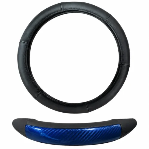FUNDA PARA VOLANTE DE PIEL CALIDAD AAA MEDIANA DE 38 CM NEGRA CON DETALLES TIPO FIBRA DE C AZUL .