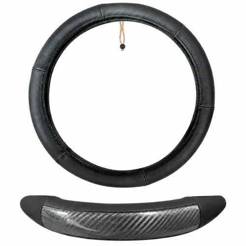 FUNDA PARA VOLANTE DE PIEL CALIDAD AAA MEDIANA DE 38 CM NEGRA CON DETALLES TIPO FIBRA DE C GRIS .