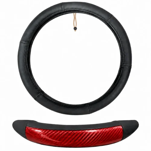 FUNDA PARA VOLANTE DE PIEL CALIDAD AAA MEDIANA DE 38 CM NEGRA CON DETALLES TIPO FIBRA DE C ROJO .