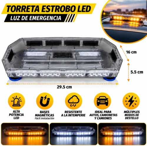 TORRETA RECT 6x31x60 C/40 LEDS E IMAN 8 FUNC CUB AMBAR/ LED AMBAR (PIEZA)