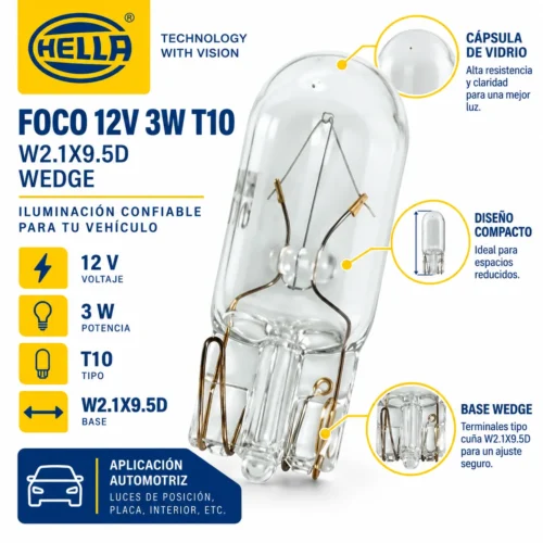FOCO 12V 3W T10 W2.1X9.5D WEDGE Caja con 10 piezas (10)