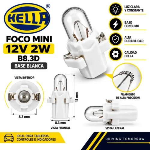 FOCO HELLA MINI 12V 2W B8.3D BASE BLANCA