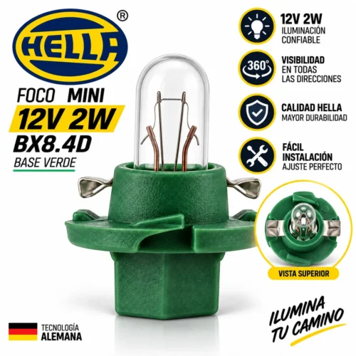FOCO HELLA MINI 12V 2W BX8.4D BASEBLANCA/VERDE