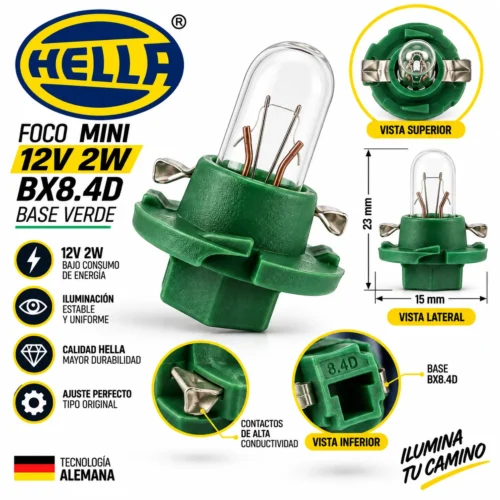 FOCO HELLA MINI 12V 2W BX8.4D BASEBLANCA/VERDE