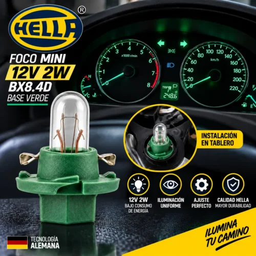 FOCO HELLA MINI 12V 2W BX8.4D BASEBLANCA/VERDE