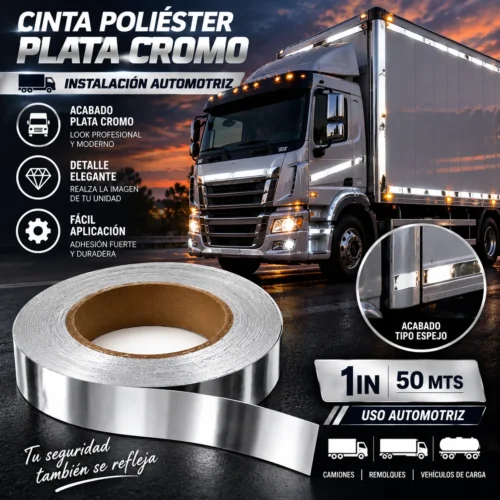 CINTA POLIESTER PLATA CROMO 1IN 50 MTS.