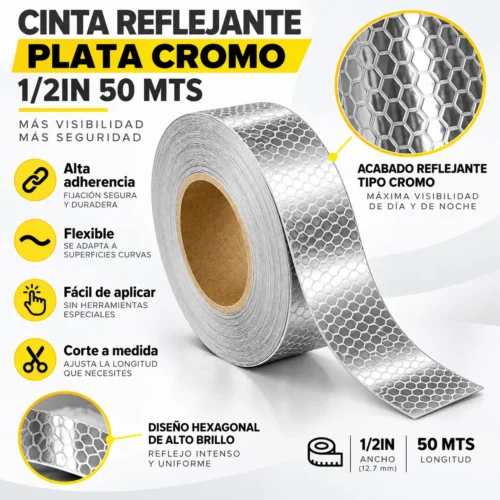 CINTA REFLEJANTE PLATA CROMO 1/2IN 50 MTS