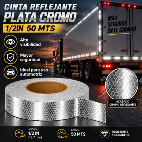 CINTA REFLEJANTE PLATA CROMO 1/2IN 50 MTS