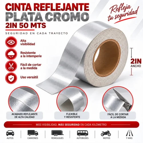 CINTA REFLEJANTE PLATA CROMO 2IN 50 MTS.