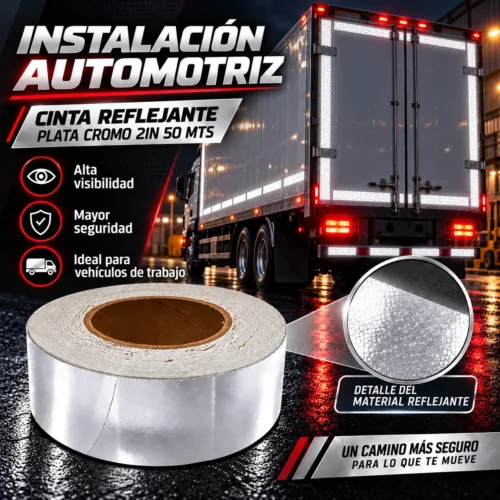 CINTA REFLEJANTE PLATA CROMO 2IN 50 MTS.