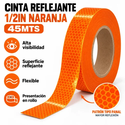 CINTA REFLEJANTE 1/2IN NARANJA 45MTS