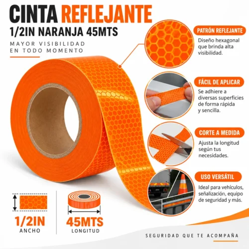 CINTA REFLEJANTE 1/2IN NARANJA 45MTS