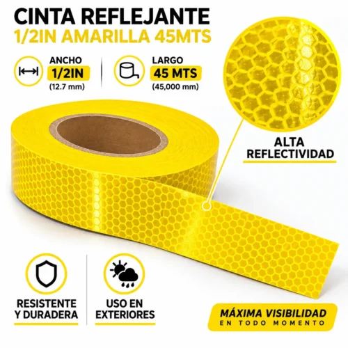 CINTA REFLEJANTE 1/2IN AMARILLA 45MTS