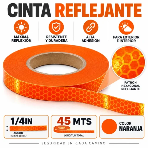 CINTA REFLEJANTE 1/4IN NARANJA 45MTS