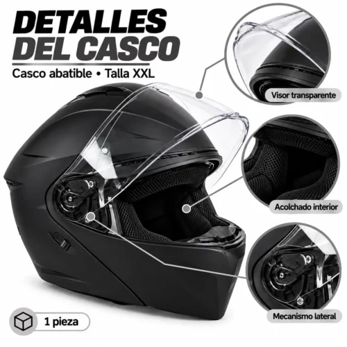 CASCO PARA MOTOCICLISTA ABATIBLE NEGRO MATE DOBLE EXTRA GRANDE (Pieza)